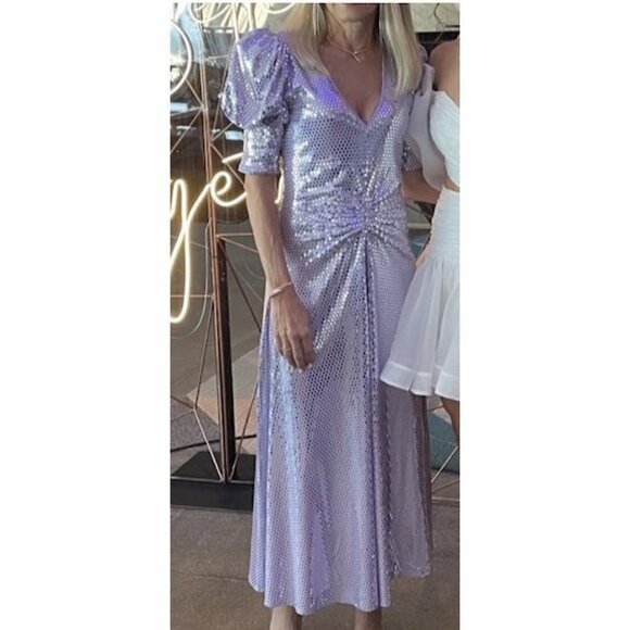 ROTATE Sierina Ruched Puff Sleeve Metallic Midi Dress in Purple Size US 0 - Picture 5 of 16